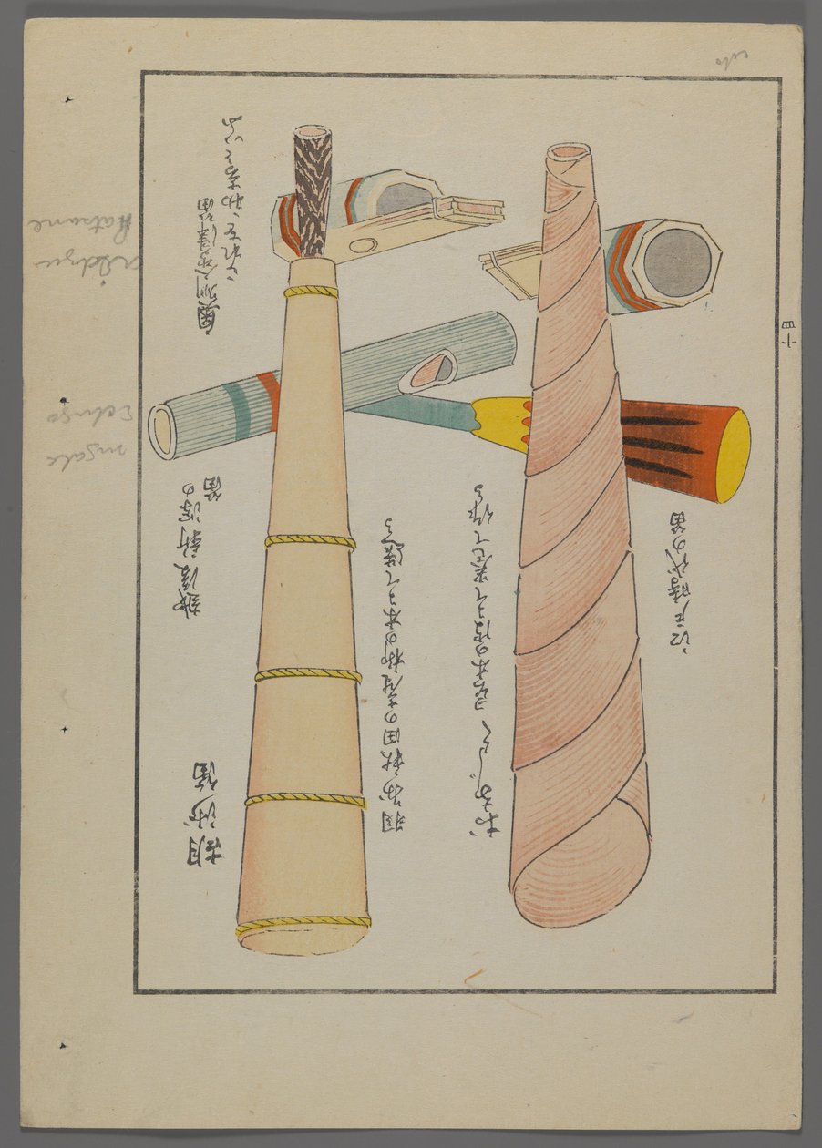 Japońskie zabawki z Unai no tomo (Przyjaciół dzieci) Shimizu Seifu, 1891-1923. Flety i rogi. autorstwa Shimizu Seifu