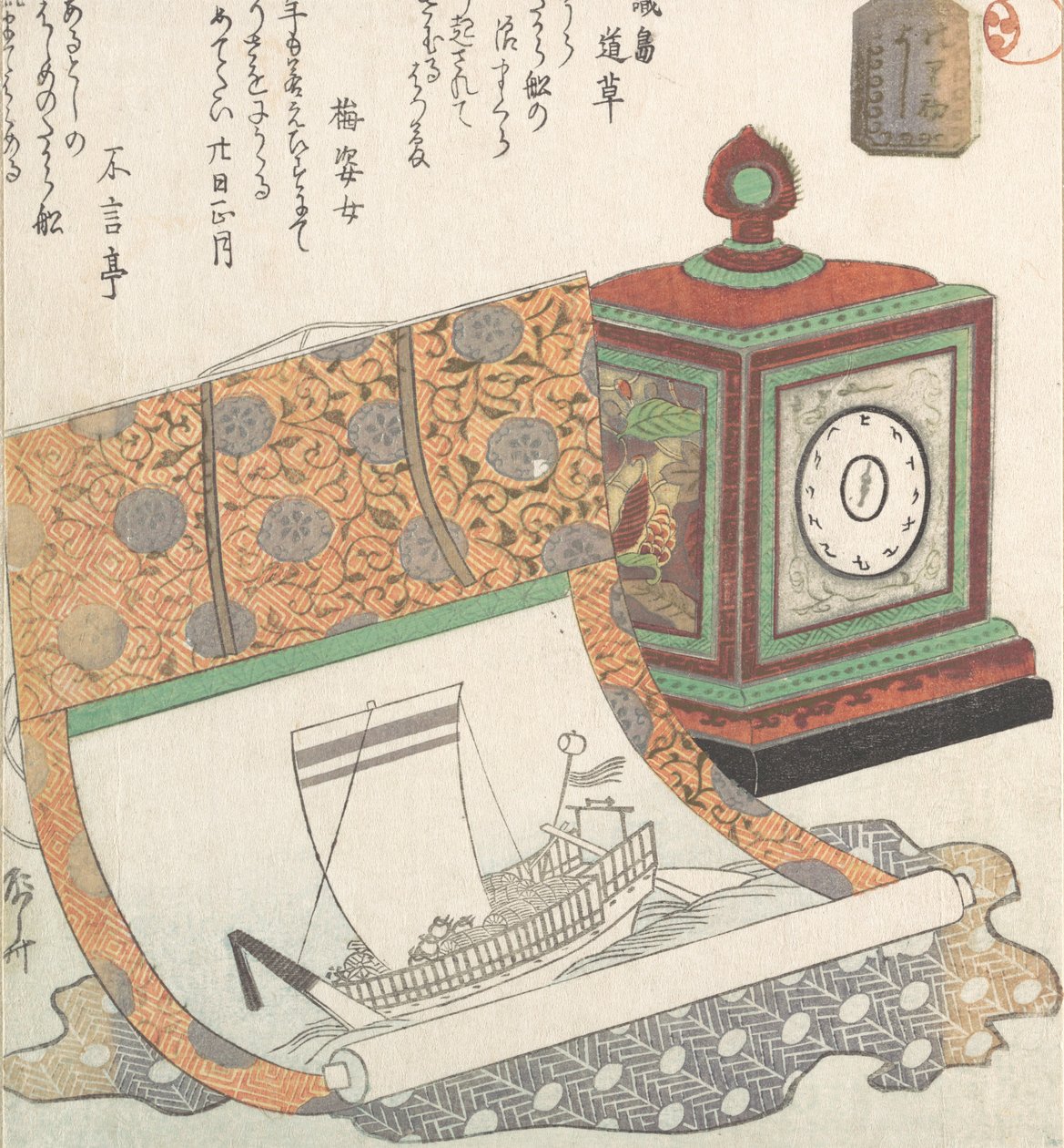 Zegar stołowy i kakemono łodzi skarbów, XIX w., XIX w. autorstwa Shinsai