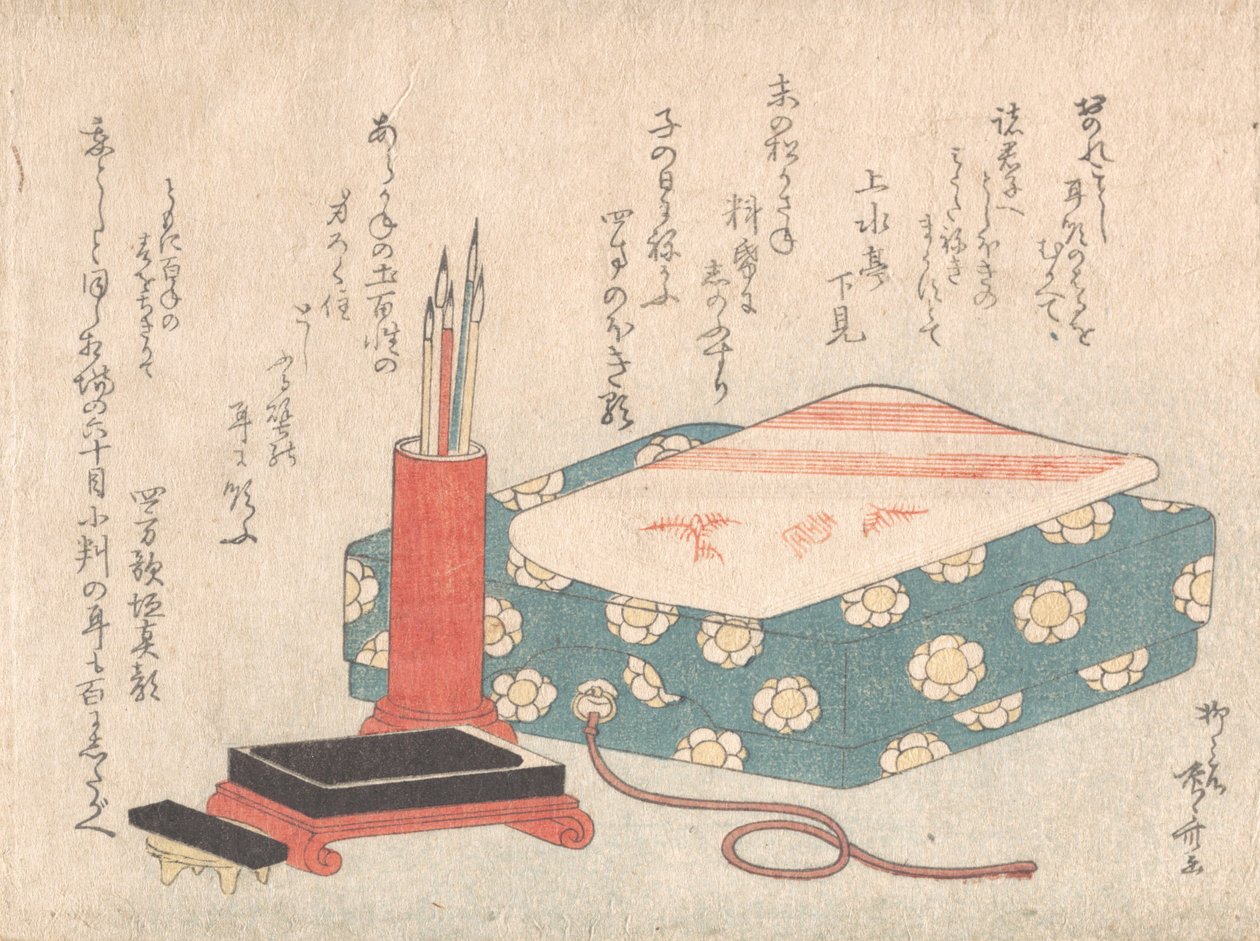 Zestaw do pisania i pudełko na karty poematów Shikishi-bako, z albumu Spring Rain Surimono Album Har..., ca. 1805-10. autorstwa Shinsai