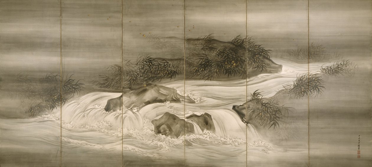 Krajobraz rzeczny ze świetlikami, 1874 autorstwa Shiokawa Bunrin