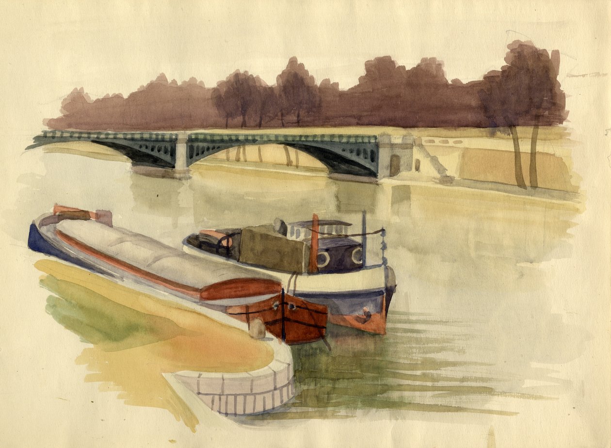 Barki na Tamizie w pobliżu Battersea Bridge, Londyn, ok. 1951. autorstwa Shirley Markham