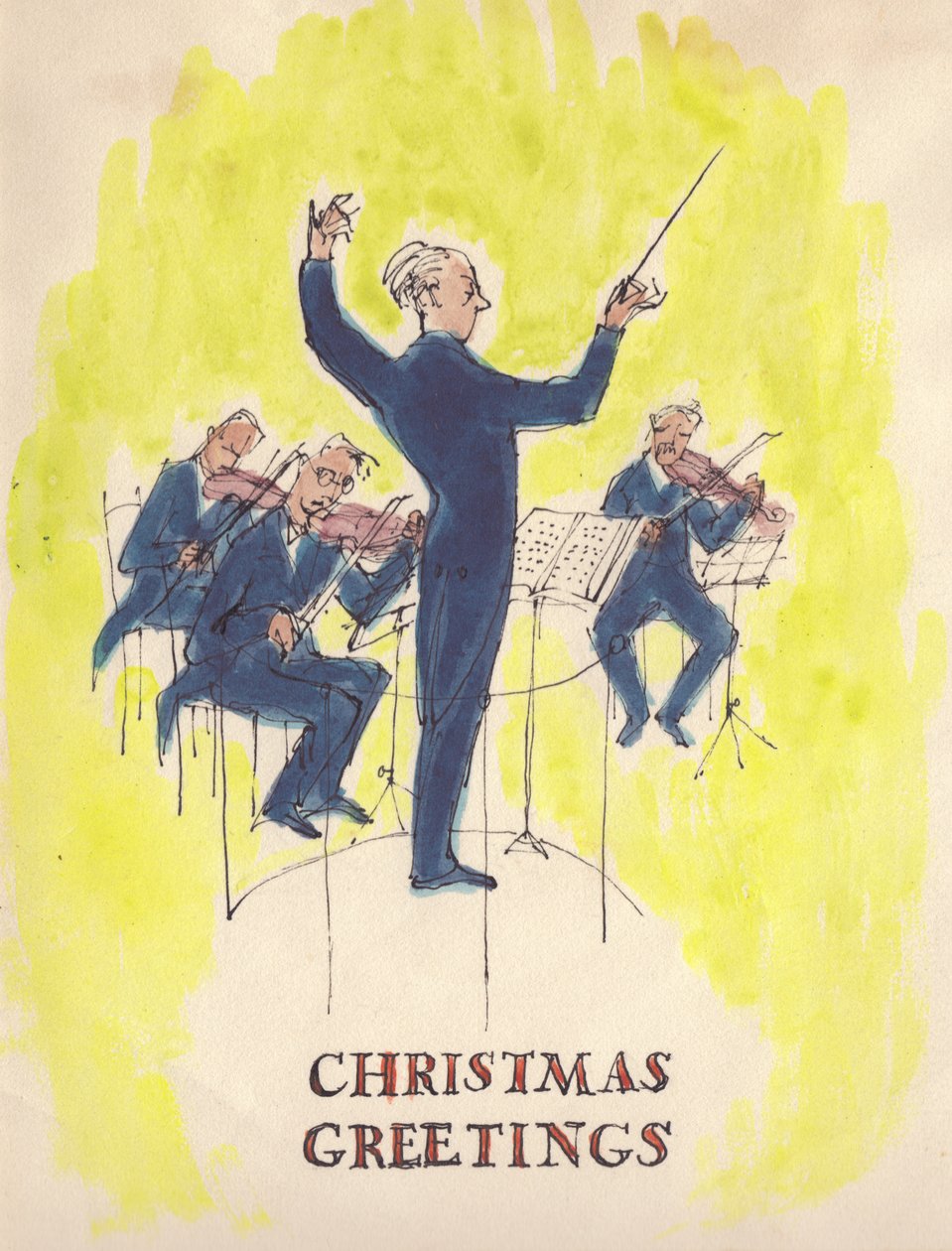 Dyrygent i orkiestra, kartka świąteczna, 1952. autorstwa Shirley Markham