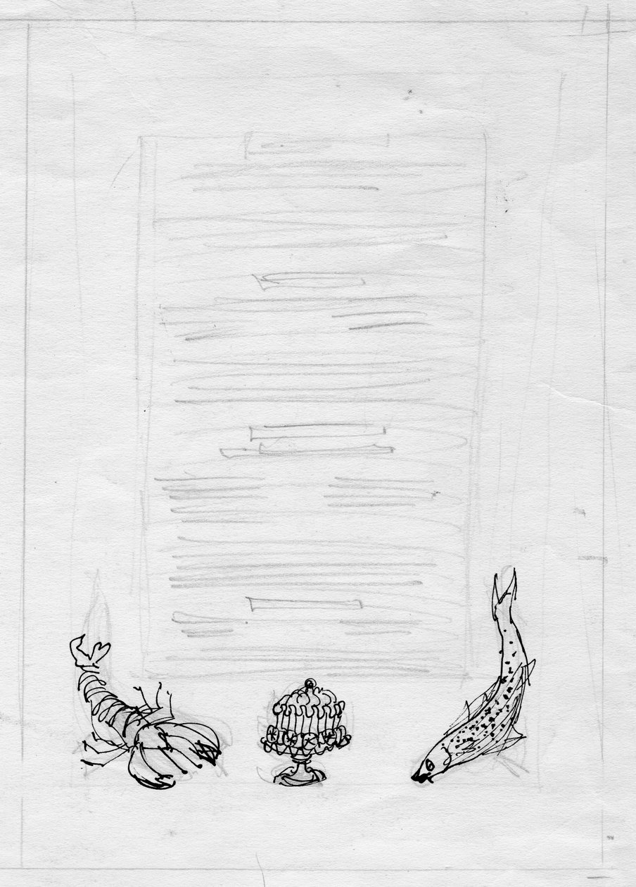 Homar, ryba i ciasto, projekt menu, ok. 1950 r. autorstwa Shirley Markham