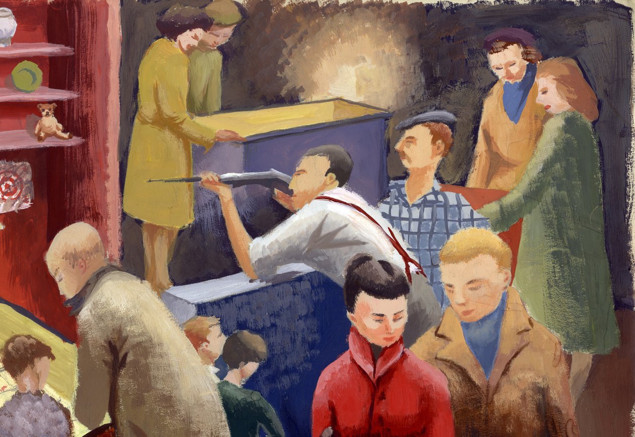 Strzelnica na wesołym miasteczku, ok. 1950 r. autorstwa Shirley Markham