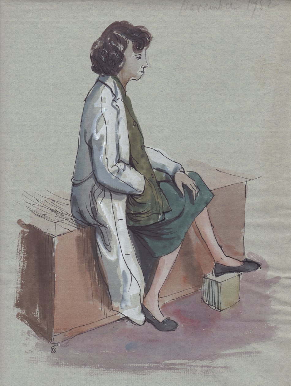 Siedząca kobieta w białym fartuchu, 1952. autorstwa Shirley Markham