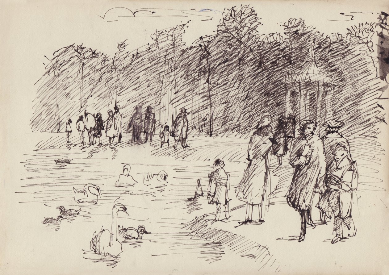 Łabędzie na Round Pond w Kensington Gardens, Londyn, ok. 1950. autorstwa Shirley Markham