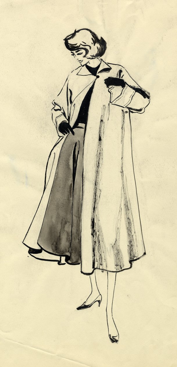 Kobieta w płaszczu i pełnej spódnicy, ok. 1950. autorstwa Shirley Markham