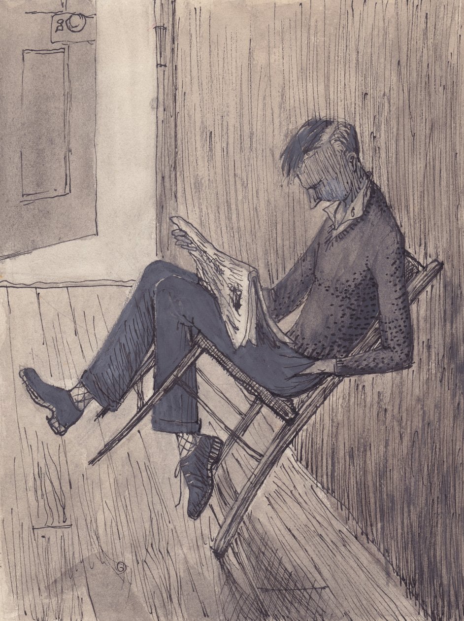 Młody mężczyzna opiera swoje krzesło o ścianę, 1952. autorstwa Shirley Markham