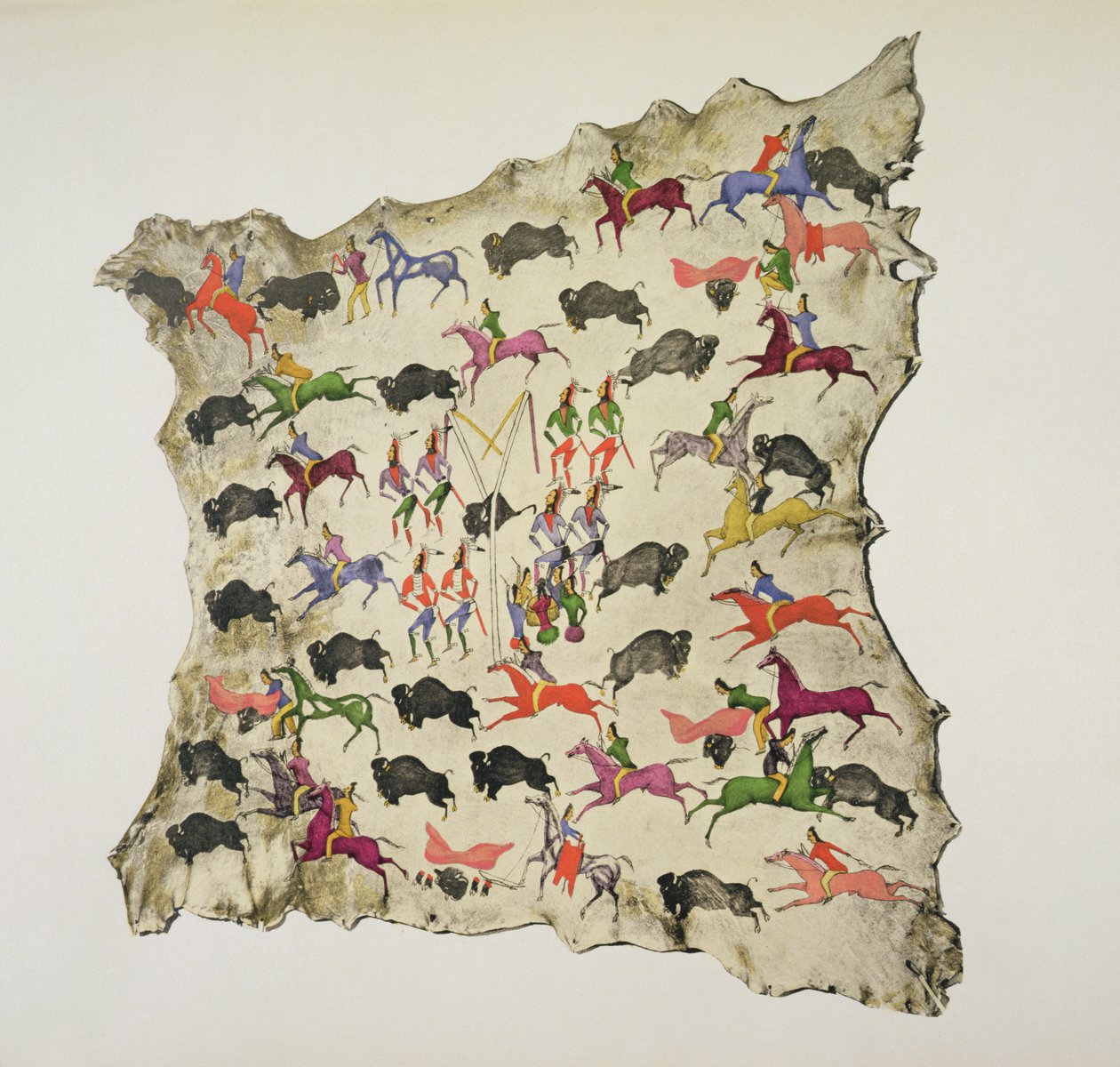 Polowanie na bawoły (pigment na skórze łosia) autorstwa Shoshone Katsikodi School