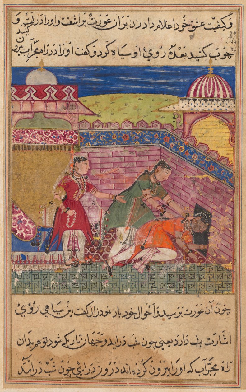 Strona z Tales of a Parrot Tuti-nama: Ósma noc: Zwodnicza żona wyrzuca..., 1558-1560. autorstwa Shravana