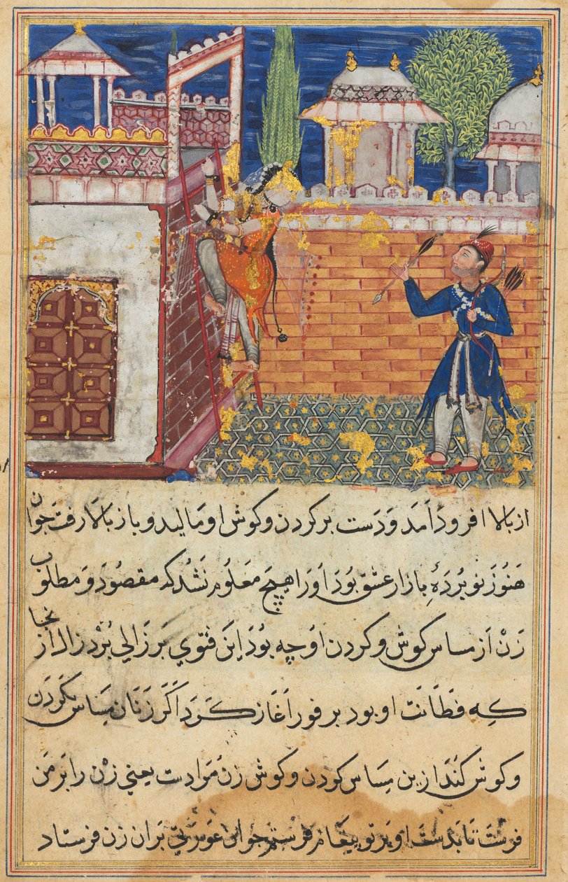Strona z Tales of a Parrot Tuti-nama: Ósma noc: Zwodnicza żona powraca..., 1558-1560. autorstwa Shravana