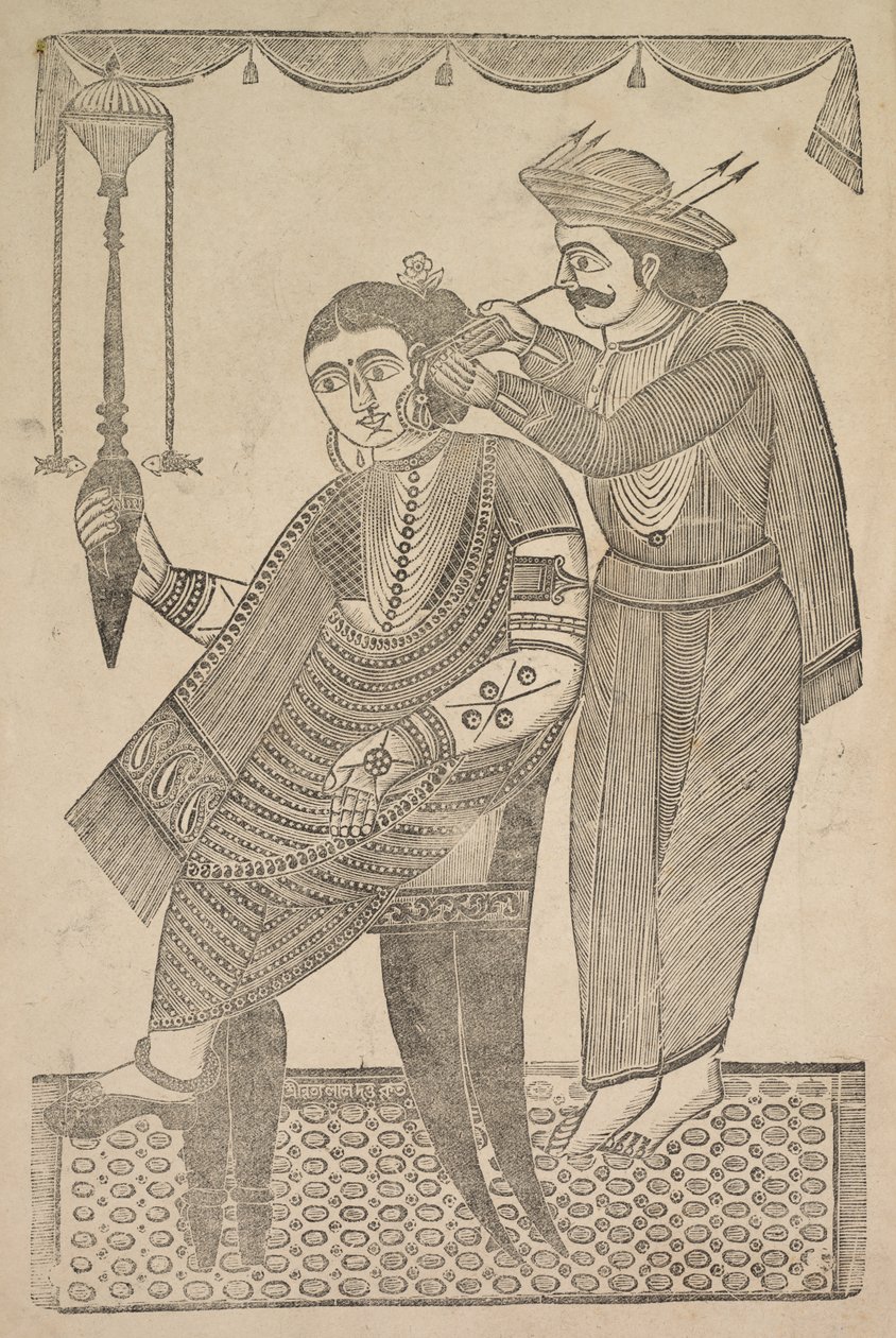 Fryzjer czyszczący ucho kurtyzany, XIX wiek. autorstwa Shri Gobinda Chandra Roy