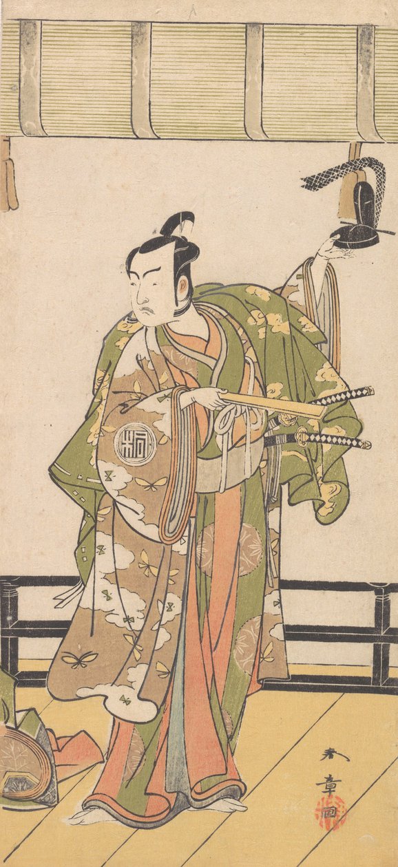 Arashi Sangoro jako samuraj stojący na werandzie Wielkiego Domu, 1774 lub 1775. autorstwa Shunsho
