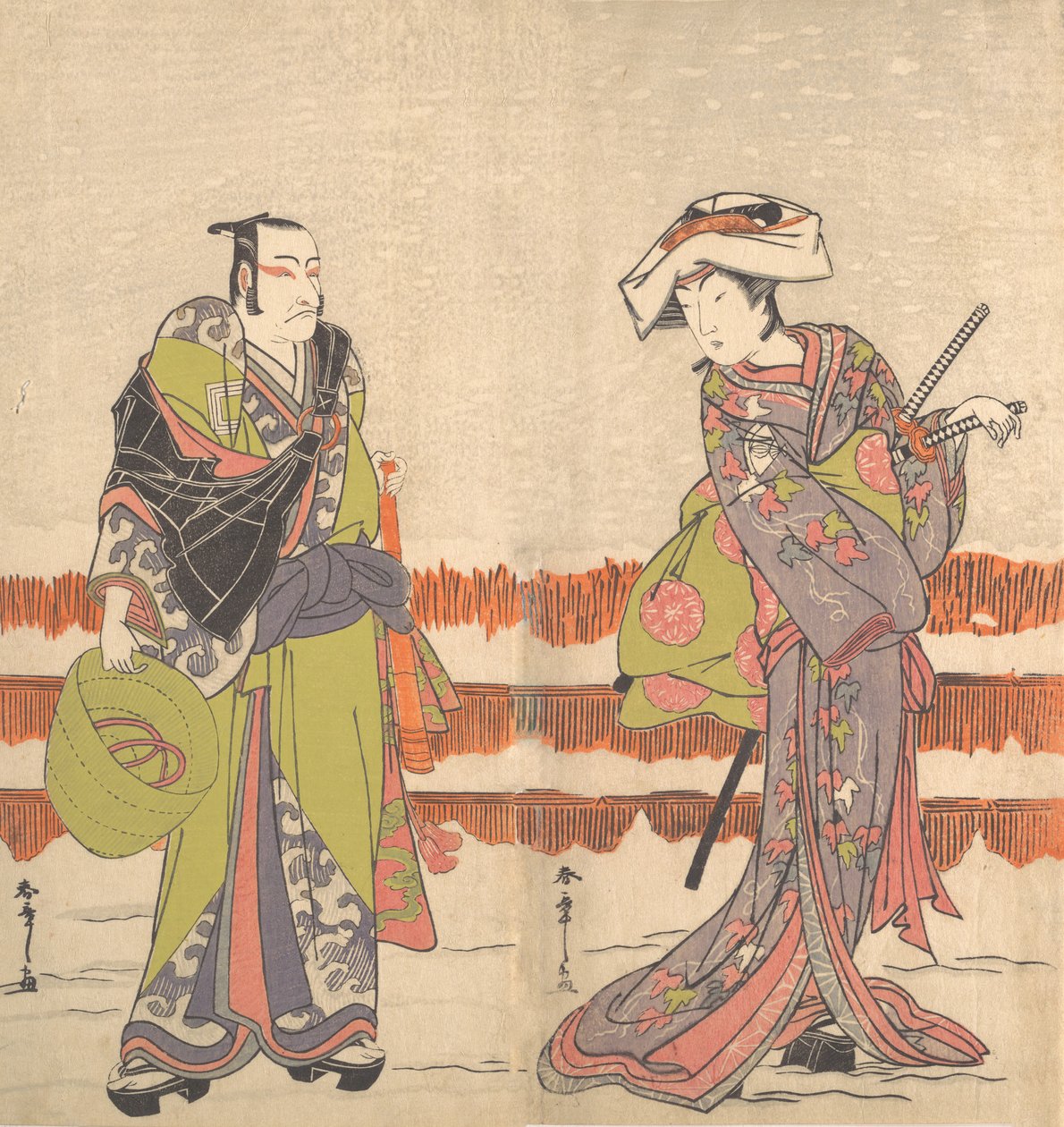 Ichikawa Danjuro piąty jako Komuso trzymający w prawej ręce kosz-kapelusz, ok. godz. 1775. autorstwa Shunsho