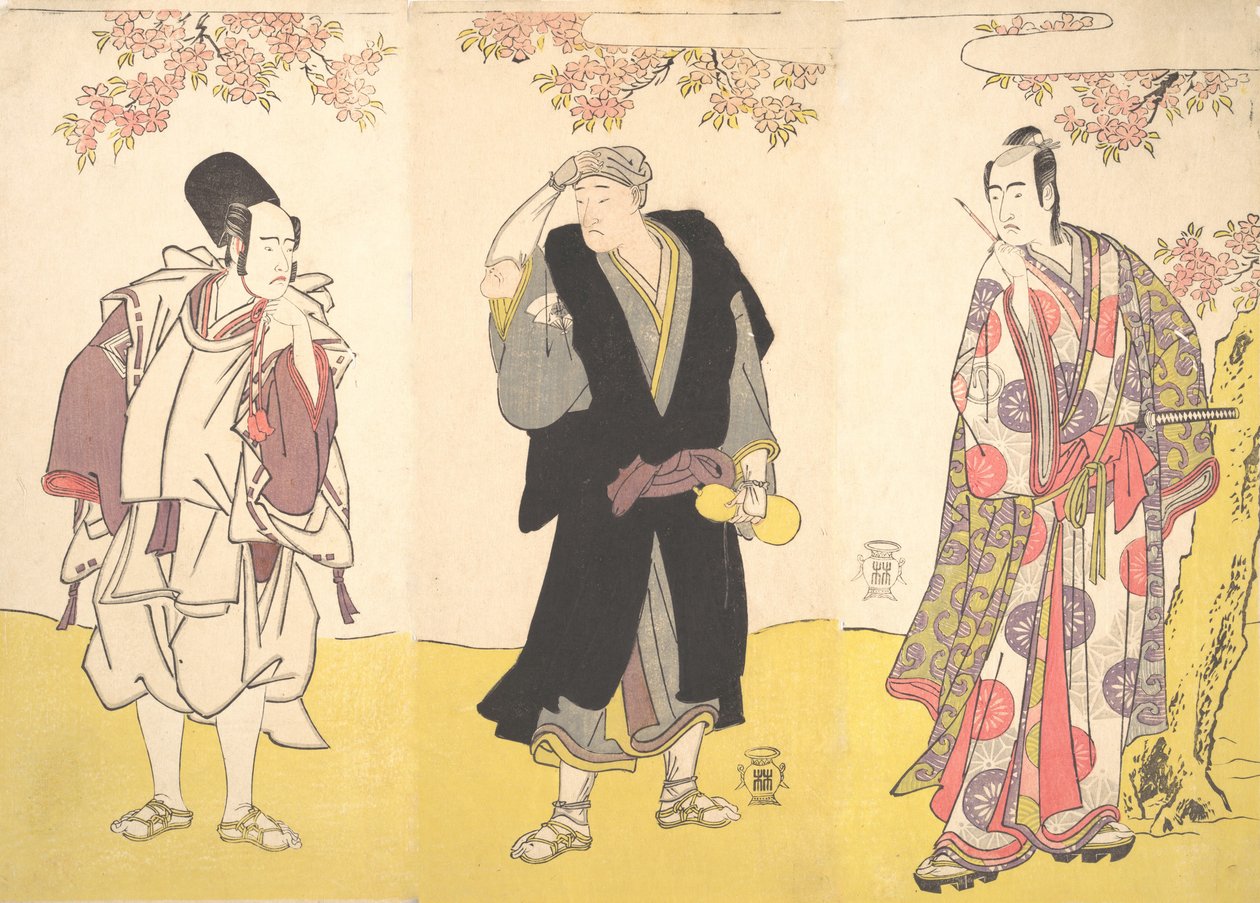 Kabuki ac i rs Yaozo Ichikawa dobry, asystent doktora Matsu Onoe, szkic Sawamura Sojuro dobry, 11 miesiąc, 1786. autorstwa Shunsho
