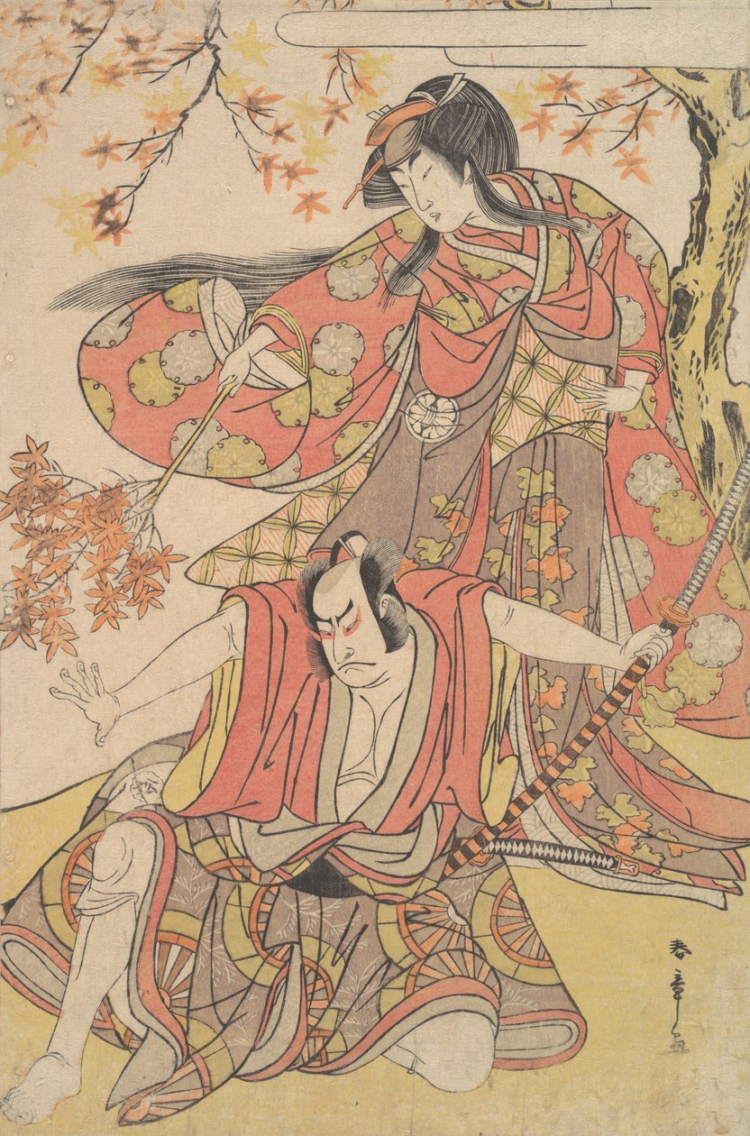 Segawa Kikunojo III jako kobieta stojąca jesienią pod klonem, ok. godz. 1778., ca. 1778. autorstwa Shunsho