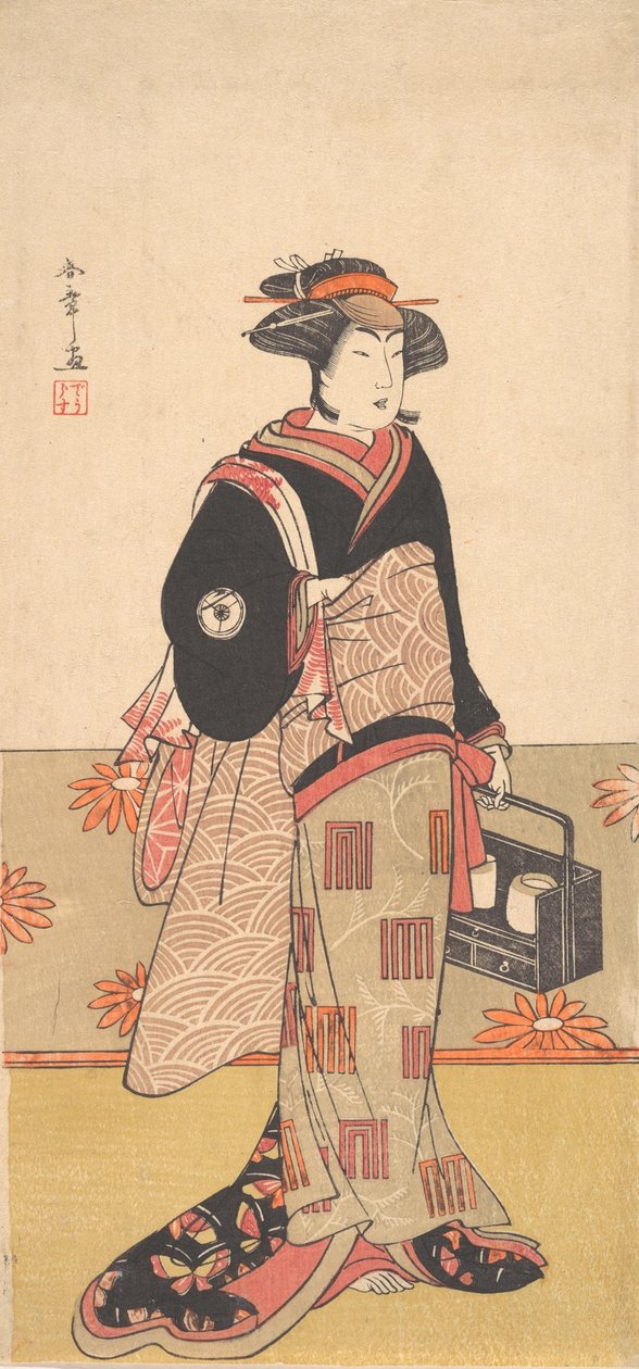 Aktor Iwai Hanshiro IV jako kobieta w czarnym kimonie, ca. 1780. autorstwa Shunsho