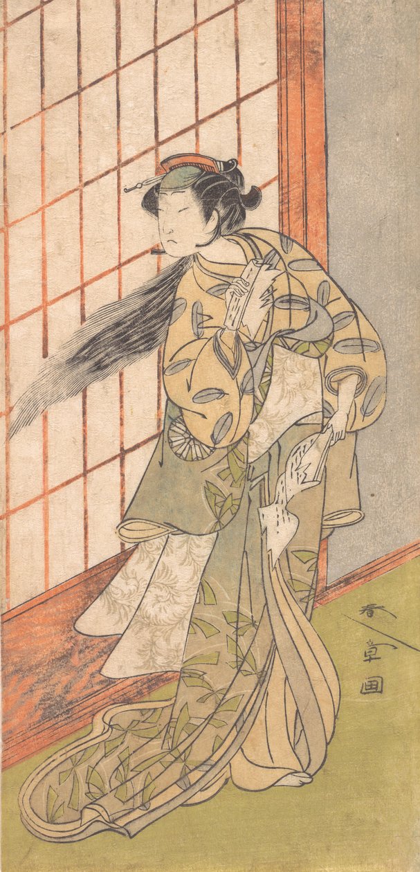 Pierwsza Nakamura Tomijuro jako rozgniewana kobieta stojąca w pokoju, 1772 lub 1773. autorstwa Shunsho