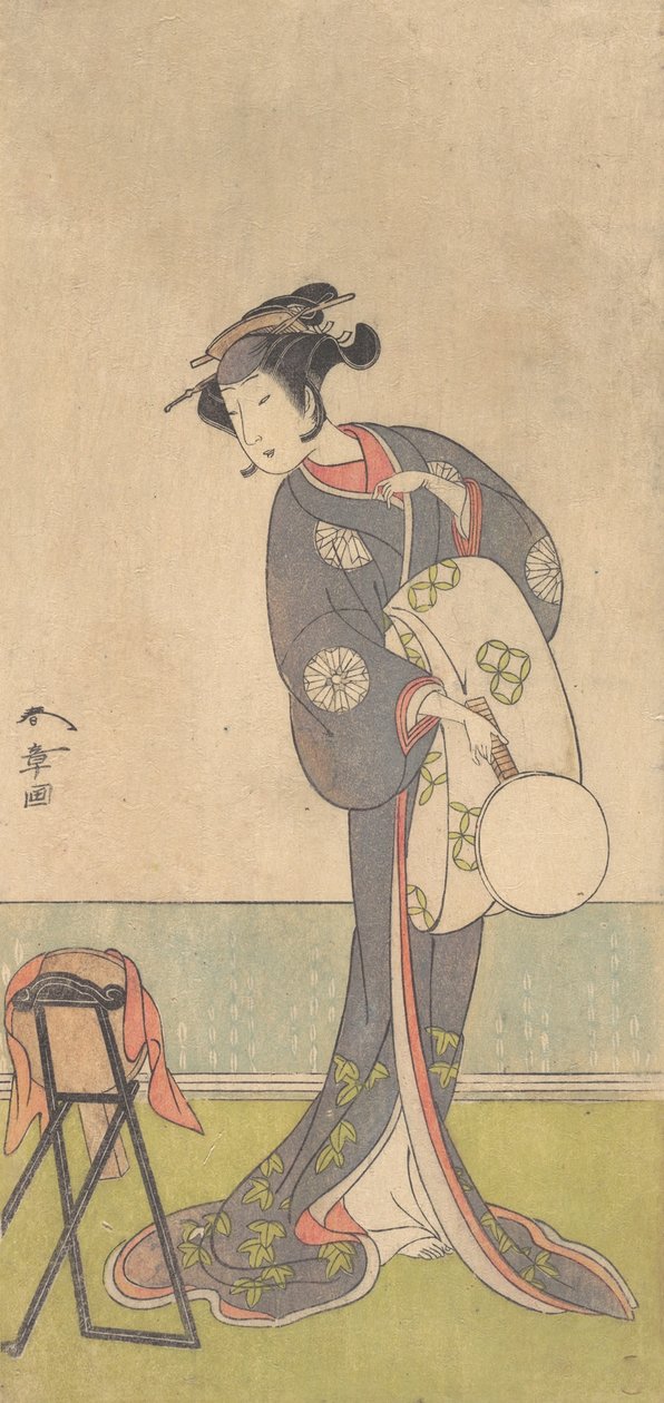 Pierwszy Nakamura Tomijuro jako Oiran stojący w pokoju, 1771. autorstwa Shunsho