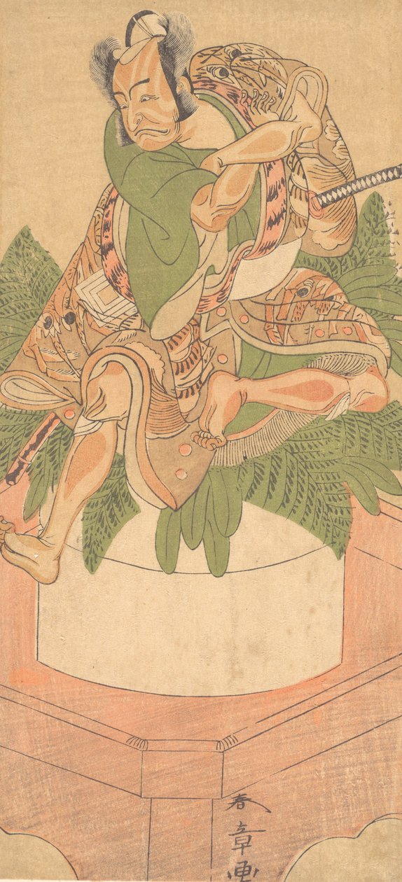 Czwarty Ichikawa Danjuro jako sługa Yakko siedzący na dużym cieście Mochi..., 1772. autorstwa Shunsho