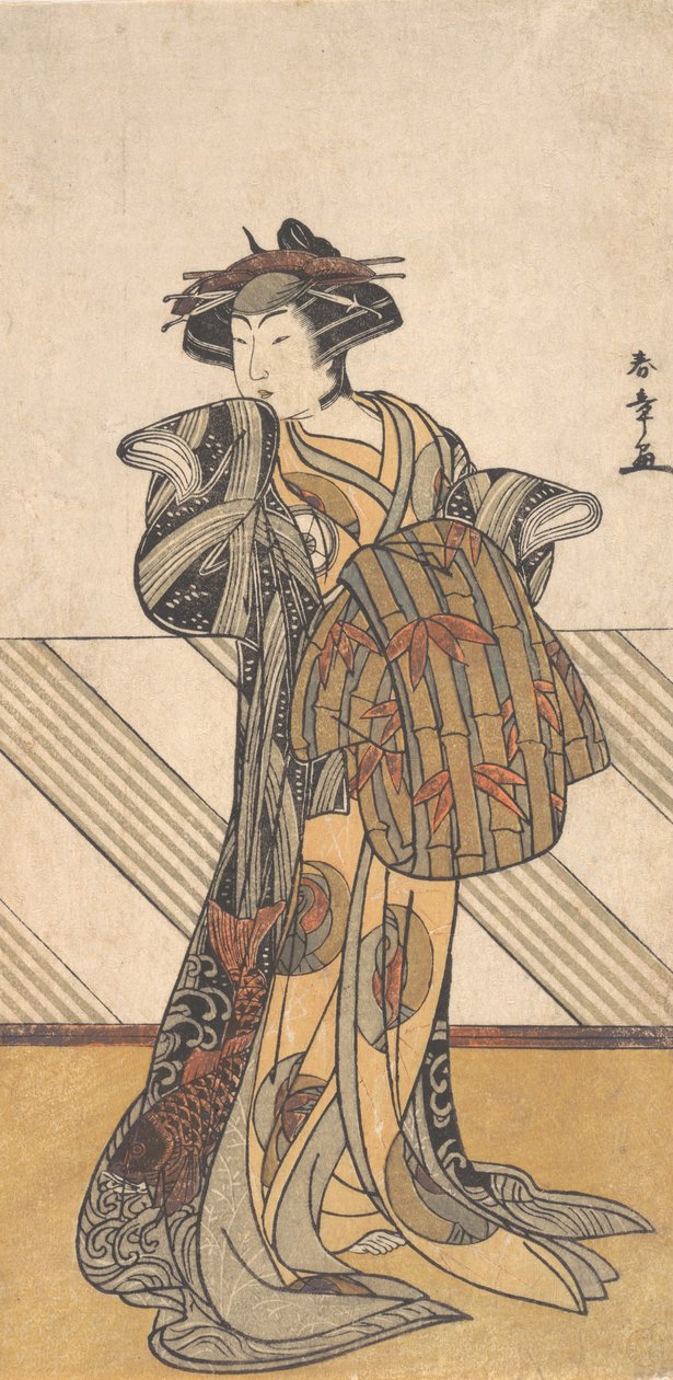 Czwarty Iwai Hanshiro jako kurtyzana ubrana w różowe kimono, ca. 1778. autorstwa Shunsho