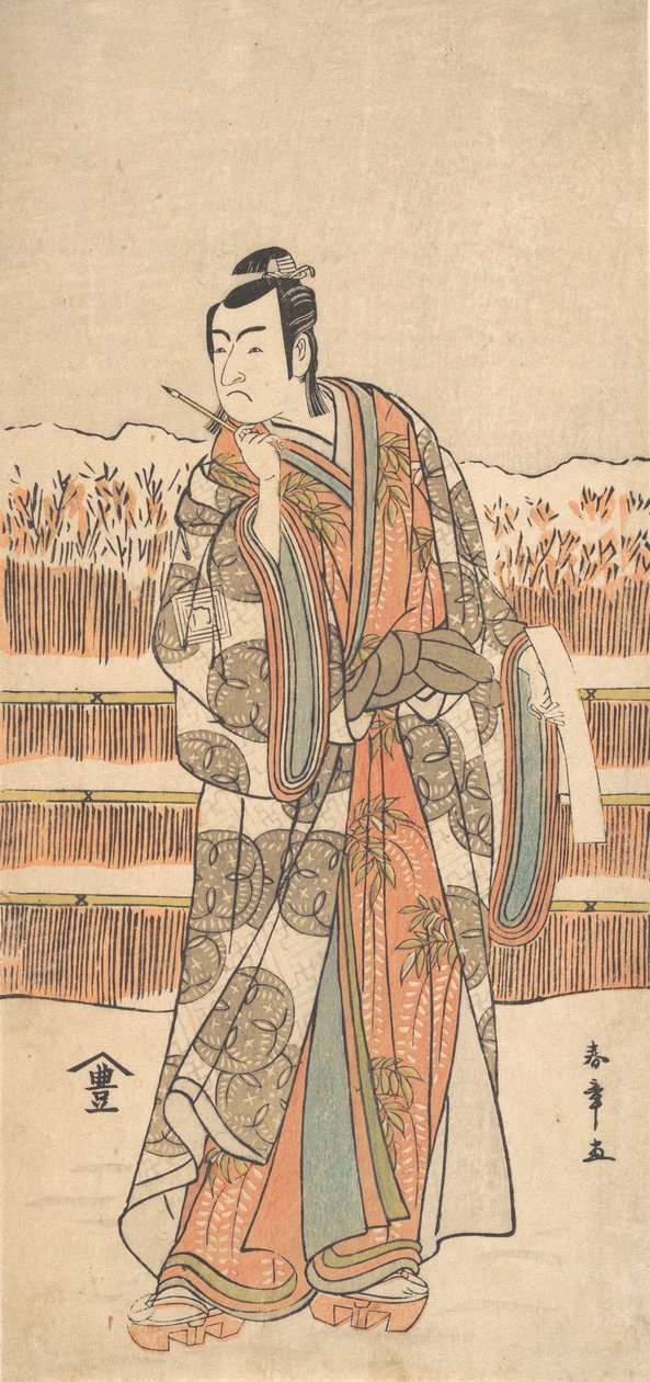 Drugi Ichikawa Monnosuke jako człowiek wysokiej rangi stojący na śniegu, ca. 1786-87. autorstwa Shunsho