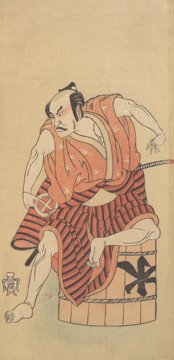 Trzeci Hiroemon Otani jako Otokodate siedzący na odwróconej wannie, 1768 lub 1769. autorstwa Shunsho