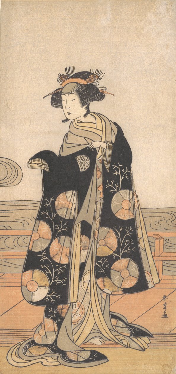 Yoshizawa Iroha jako kobieta stojąca na Engawie domu nad rzeką, ca. 1778. autorstwa Shunsho