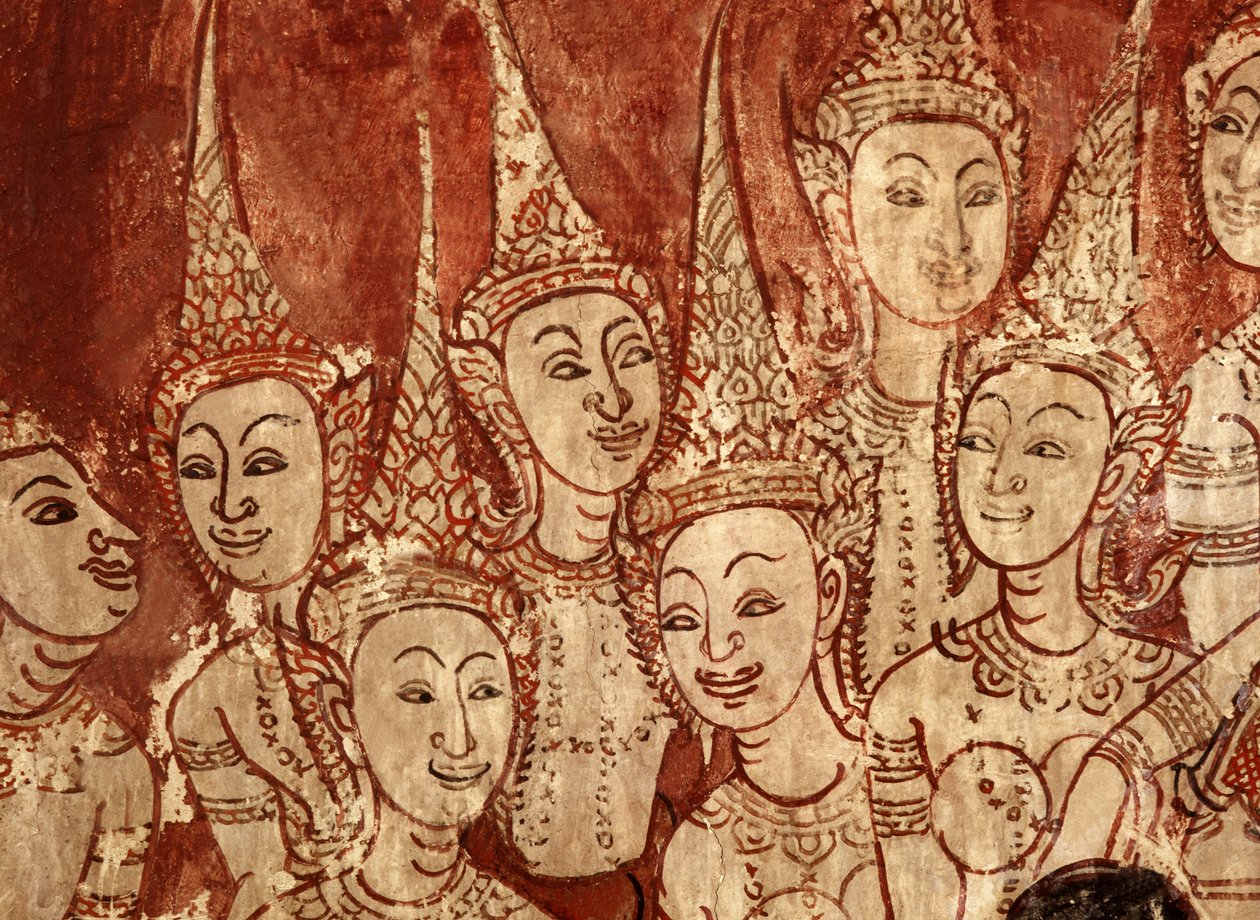 Fragment malowideł ściennych przedstawiających bóstwa niebieskie z późnego okresu Ayutthaya (malowanie na kamieniu) autorstwa Siamese School