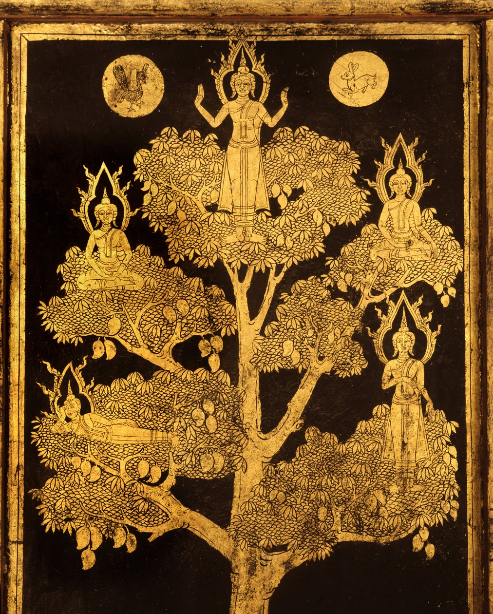 Tylny panel szafki na rękopisy ze scenami buddyjskimi, prawdopodobnie późny okres Ayutthaya (lakierowane i pozłacane drewno) autorstwa Siamese School