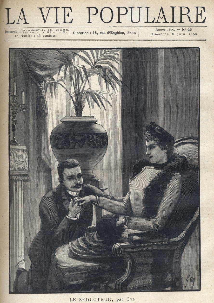 Mężczyzna na kolanach trzyma za rękę elegancką kobietę siedzącą w mieszczańskim salonie, ubraną w płaszcz, rękaw i futrzany szal. Ilustracja do Le Seducteur par Gyp (Sibylle Gabrielle Marie Antoinette Riquetti de Mirabeau, hrabina Martel d autorstwa Sibylle Gabrielle de Riquetti de Mirabeau