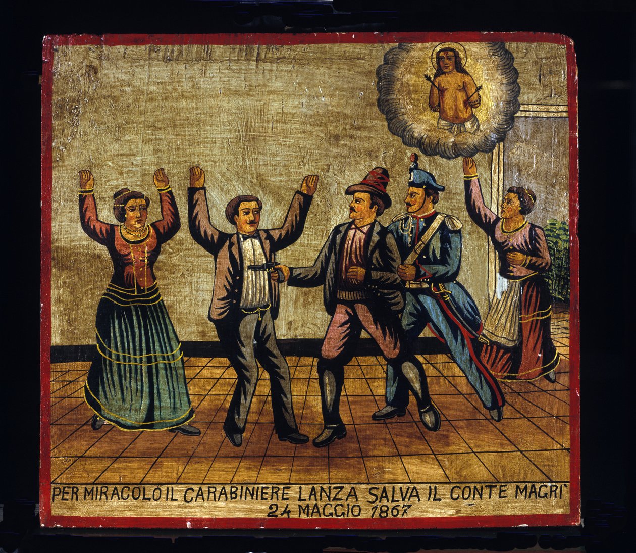 Ex-voto (ex voto) Sycylijczyk: „”Cudem, Carabinier Lanza ratuje hrabiego Magri w dniu 24.05.1867””. Reprezentacja bandyty (Brigantaggio): złodziej atakuje parę Magri z pistoletu, podczas gdy karabińczyk zaskakuje go od tyłu. . autorstwa Sicilian School