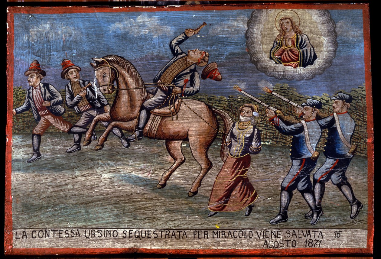 Ex-voto (ex voto) Sycylijczyk: „”Uprowadzona hrabina Ursino została właśnie cudem uratowana 16/08/1871”. Reprezentacja bandytów (Brigantaggio): Trzej rabusie porywają hrabinę, podczas gdy karabinierzy strzelają do nich. . autorstwa Sicilian School