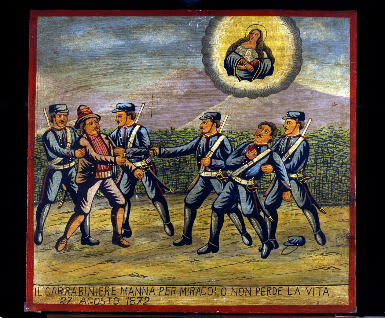 Ex-voto (ex voto) Sycylijczyk: „”Karabińczyk Manna cudem nie traci życia 27.08.1872””. Reprezentacja bandyty (Brigantaggio): Zbójca strzelił do Karabiniera Manny, podczas gdy inni Karabinierzy go zatrzymali. . autorstwa Sicilian School