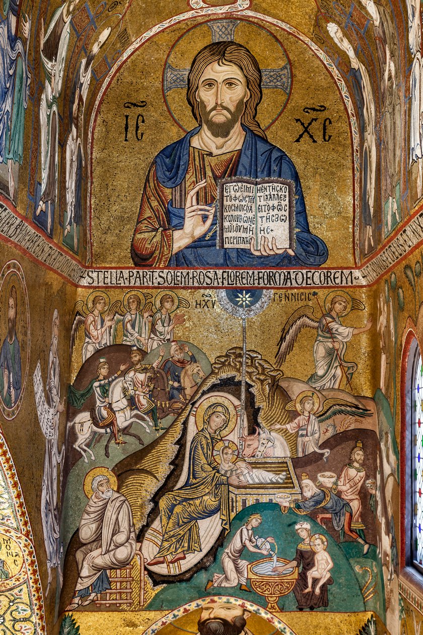Kaplica Palatyńska (Bazylika), apsyda południowa lub "absydiola" św. Pawła, mozaiki: "Chrystus Pantokrator" i "Narodzenie", XII w. autorstwa Sicilian School