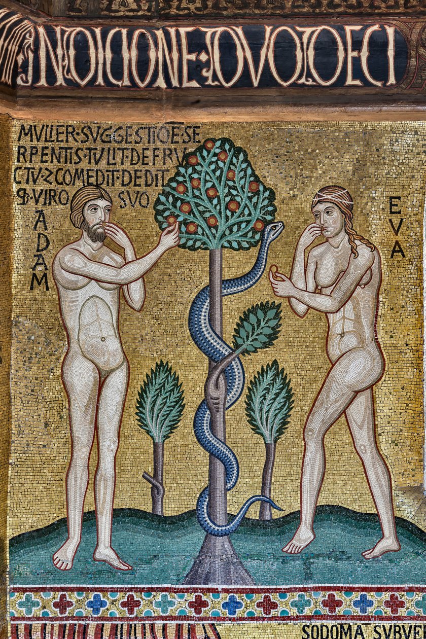 Kaplica Palatyńska (Bazylika), cykl mozaik na Starym Testamencie, cykl Stworzenia: "Grzech Pierworodny", XII w. autorstwa Sicilian School