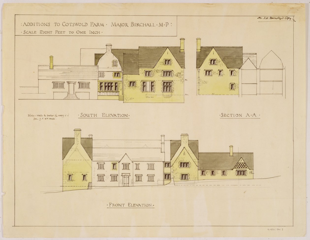 Dobudowa do Cotswold Farm: elewacja południowa i frontowa, ok. 1925 (druk i wc na papierze) autorstwa Sidney Barnsley