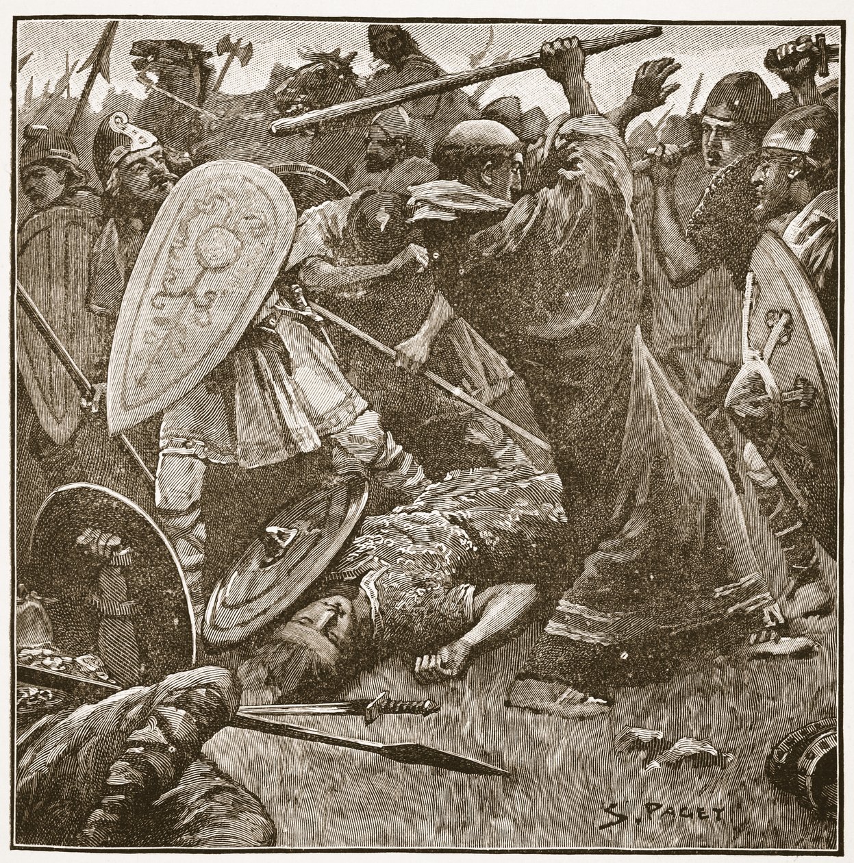 Król-mnich poległ w walce ze swymi starymi poddanymi z Anglii Wschodniej, ilustracja z 