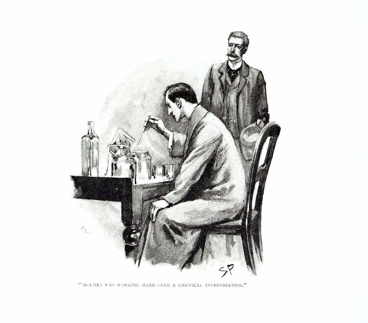 „Holmes ciężko pracował nad dochodzeniem chemicznym”, ilustracja do „Traktatu morskiego”, autorstwa Arthura Conan Doyle’a (1859-1930), opublikowana w „Strand Magazine”, październik i listopad 1893 ( autorstwa Sidney Paget
