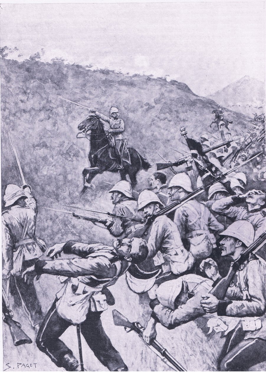 Langs Nek, 28 stycznia 1881 (1. wojna burska), ilustracja z brytyjskich bitew na lądzie i morzu, 1915 autorstwa Sidney Paget