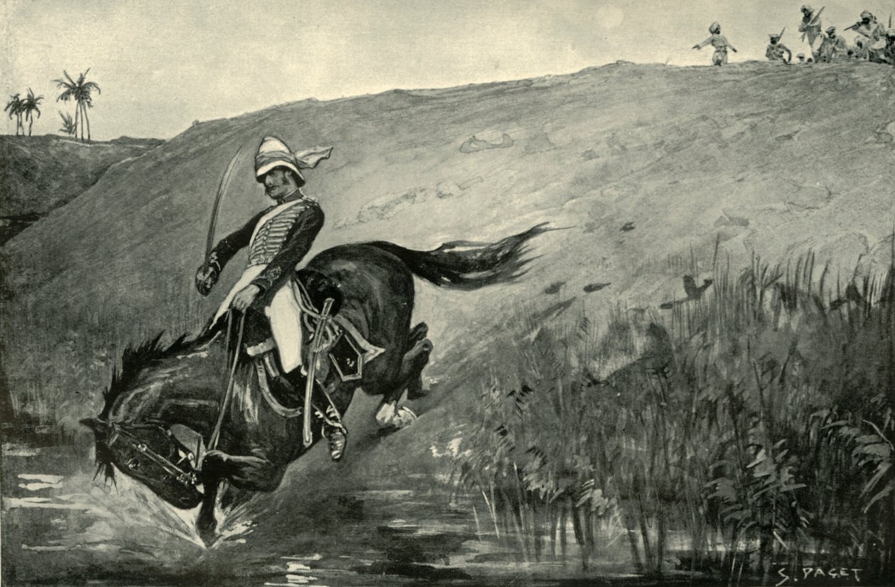 Wąska ucieczka porucznika Robertsa podczas ścigania przez tubylców w pobliżu Lucknow, 1901. autorstwa Sidney Paget