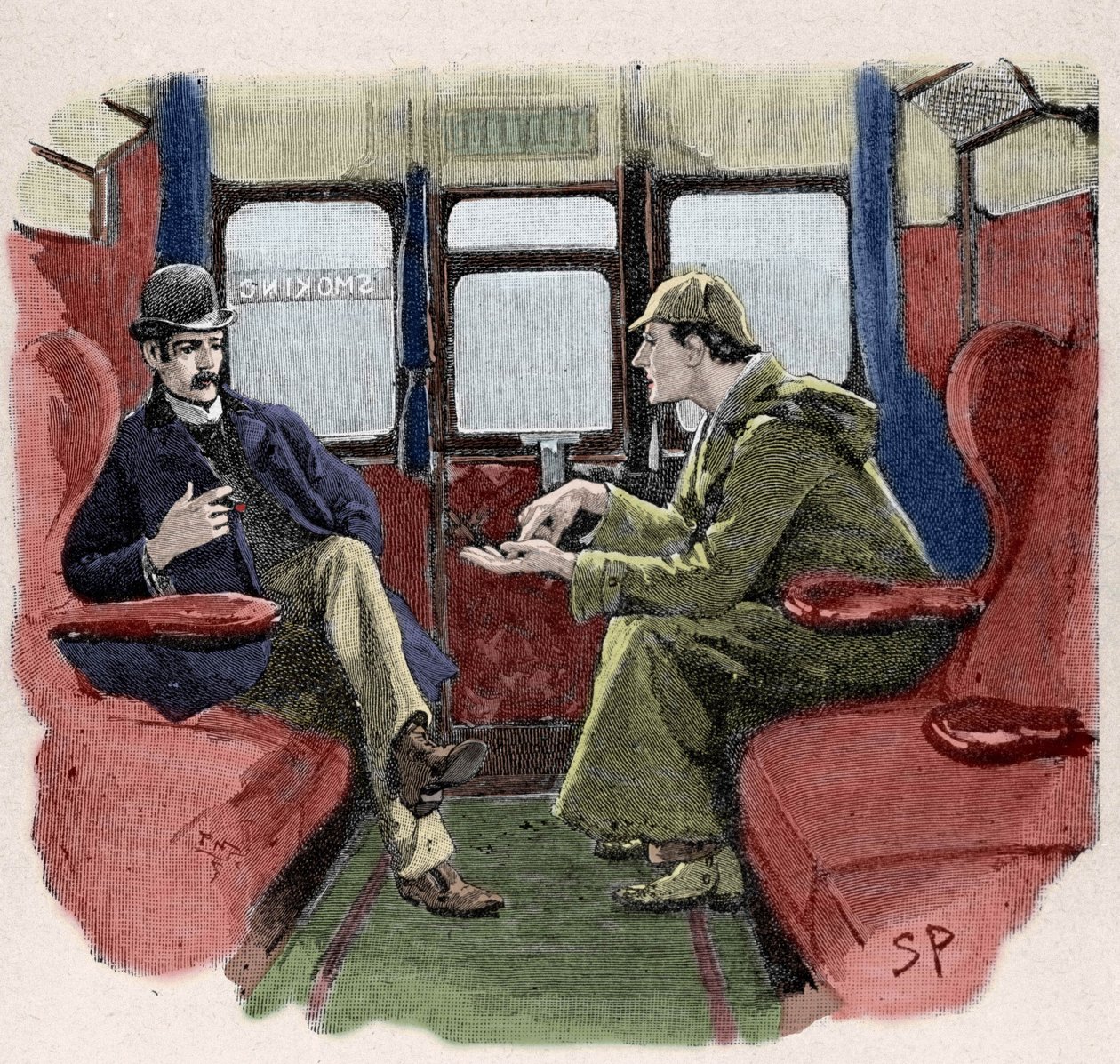 Silver Blaze: Ilustracja Sydneya Pageta przedstawiająca przygodę z Sherlockiem Holmesem. Słynny detektyw jest reprezentowany w pociągu z doktorem Watsonem. Opublikowany w „The Strand Magazine”. Wiadomości Conana Doyle