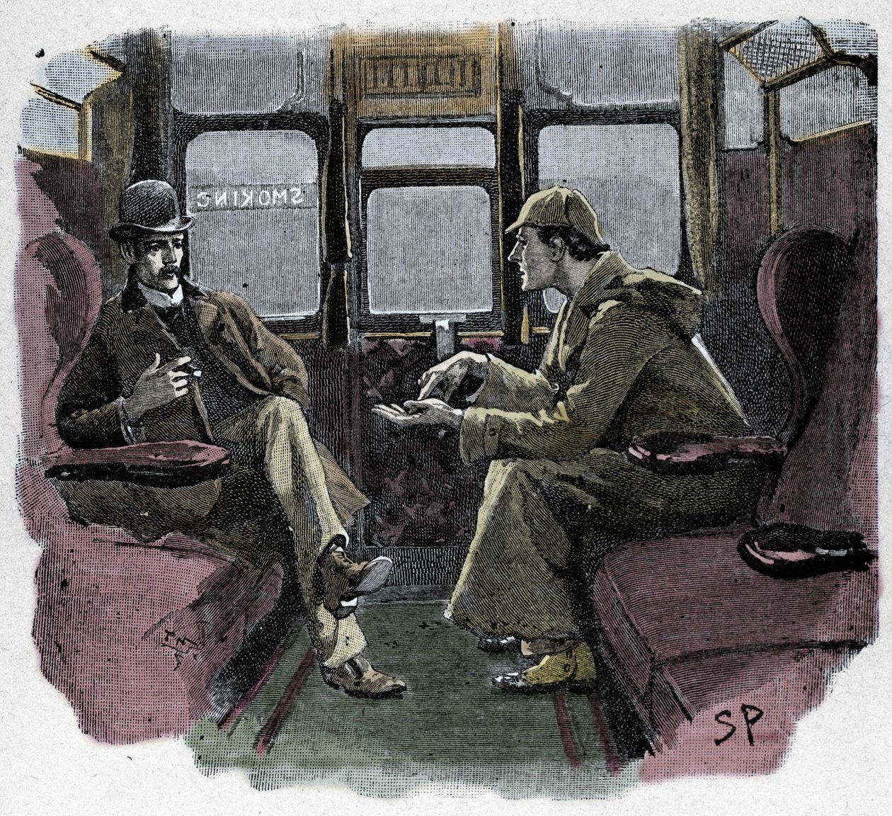 Silver Blaze: ilustracja Sydneya Pageta przedstawiająca przygodę z Sherlockiem Holmesem. Słynny detektyw jest reprezentowany w pociągu z doktorem Watsonem. Opublikowane w „The Strand Magazine”. Wiadomości Conana Doyle