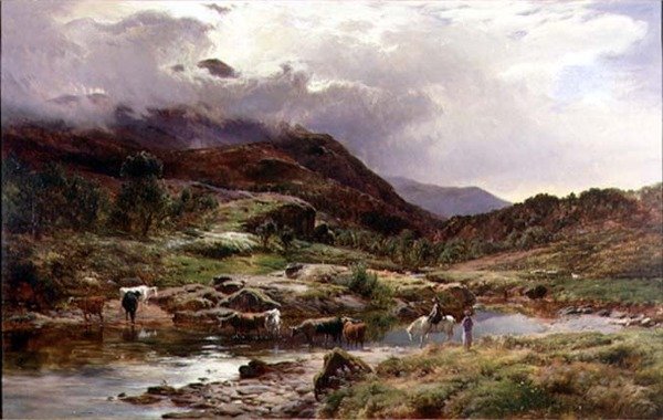 Scena górskiej rzeki z bydłem na pierwszym planie (olej) autorstwa Sidney Richard Percy