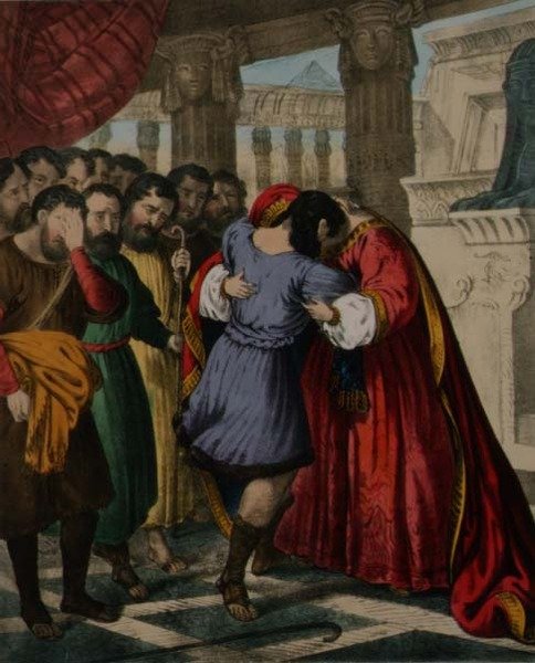 Przebaczenie Józefa dla jego braci, z biblii wydrukowanej przez Edwarda Gover autorstwa Siegfried Detler Bendixen
