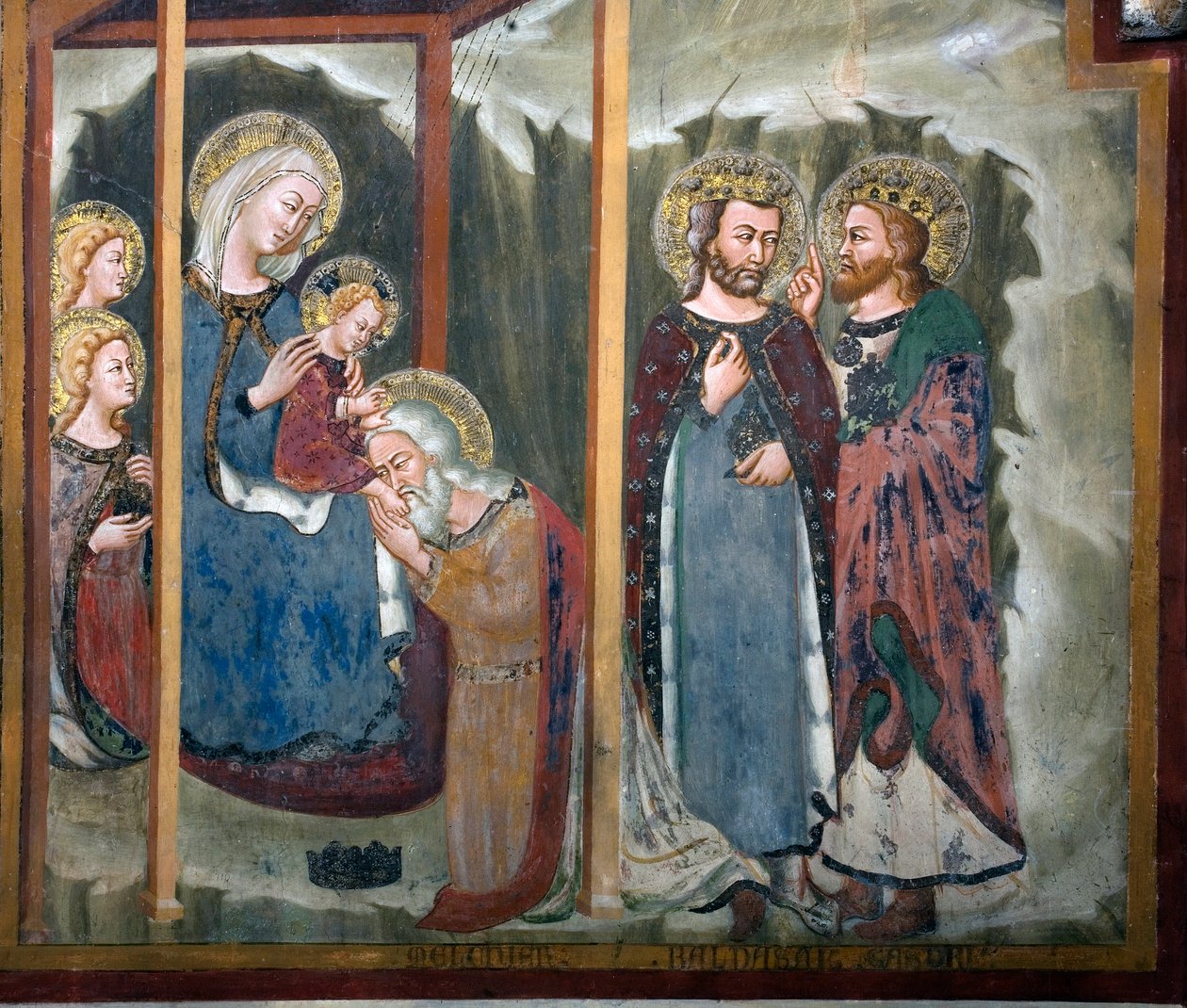 Adoracja Magi Fresco Szkoły Sieny. 14 wiek. Kaplica Matki Boskiej. Klasztor Św. Benedeta (Sacro Speco), Subiaco (Rzym), Włochy autorstwa Sienese School