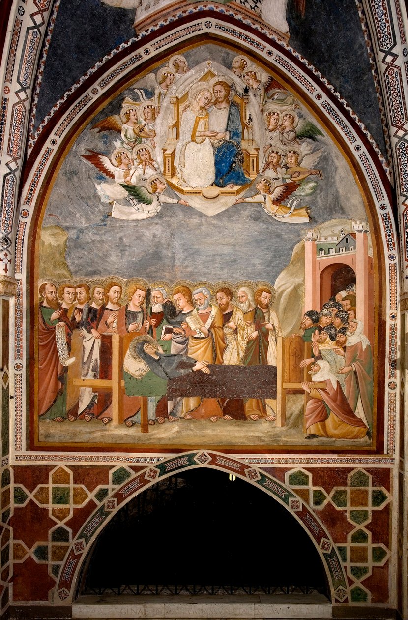 Życie Matki Boskiej: „”Zaśnięcie i Wniebowzięcie Najświętszej Maryi Panny””” Fresk Szkoły w Sienie (XIV w.) Klasztor św. Benedeta (Sacro Speco), Kaplica Najświętszej Marii Panny a Subiaco (Rzym), Włochy autorstwa Sienese School