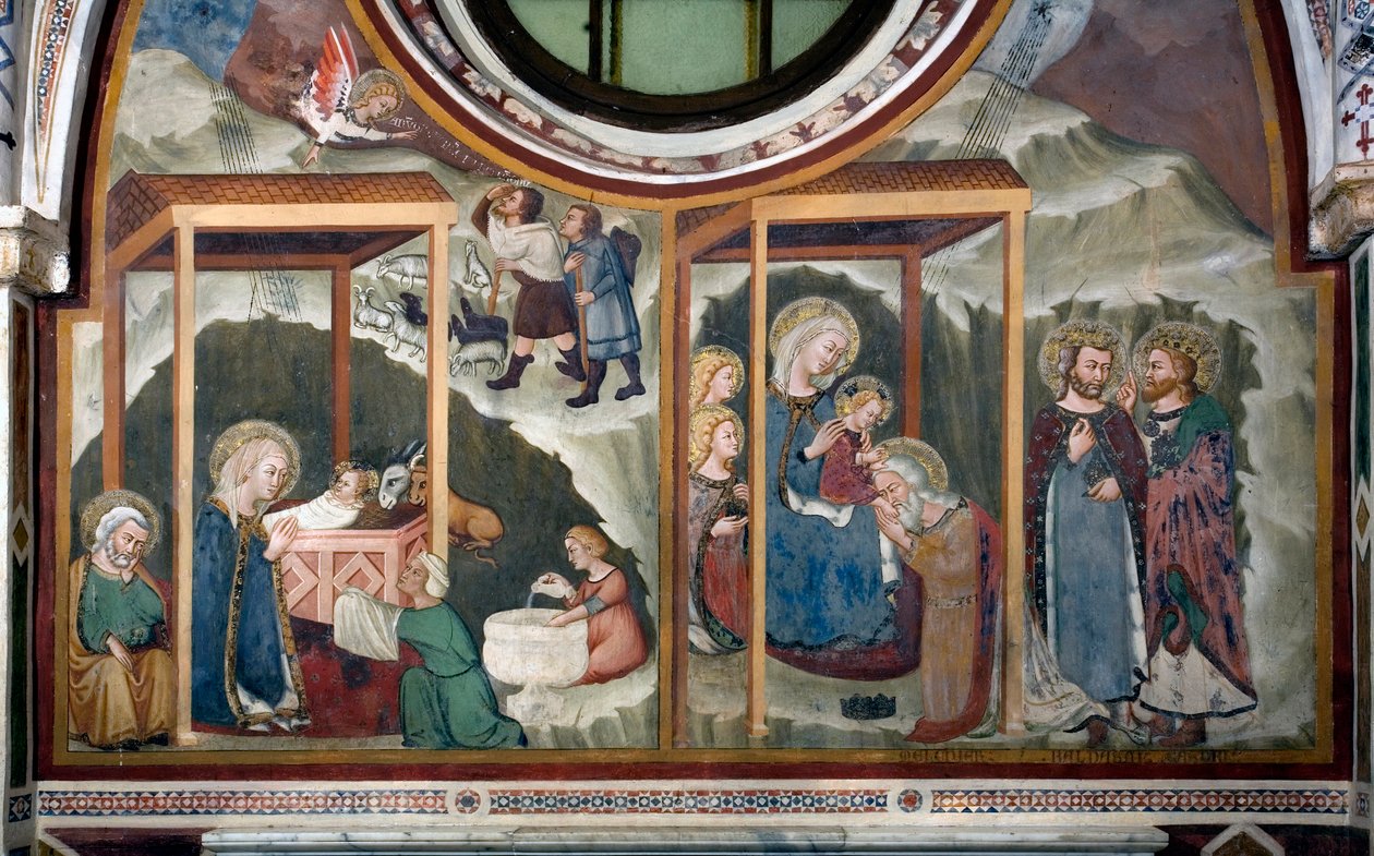 Narodzenia i Adoracji Magi Fresco Szkoły Sieny. 14 wiek. Kaplica Najświętszej Marii Panny. Klasztor św Benedeta (Sacro Speco), Subiaco (Rzym), Włochy autorstwa Sienese School
