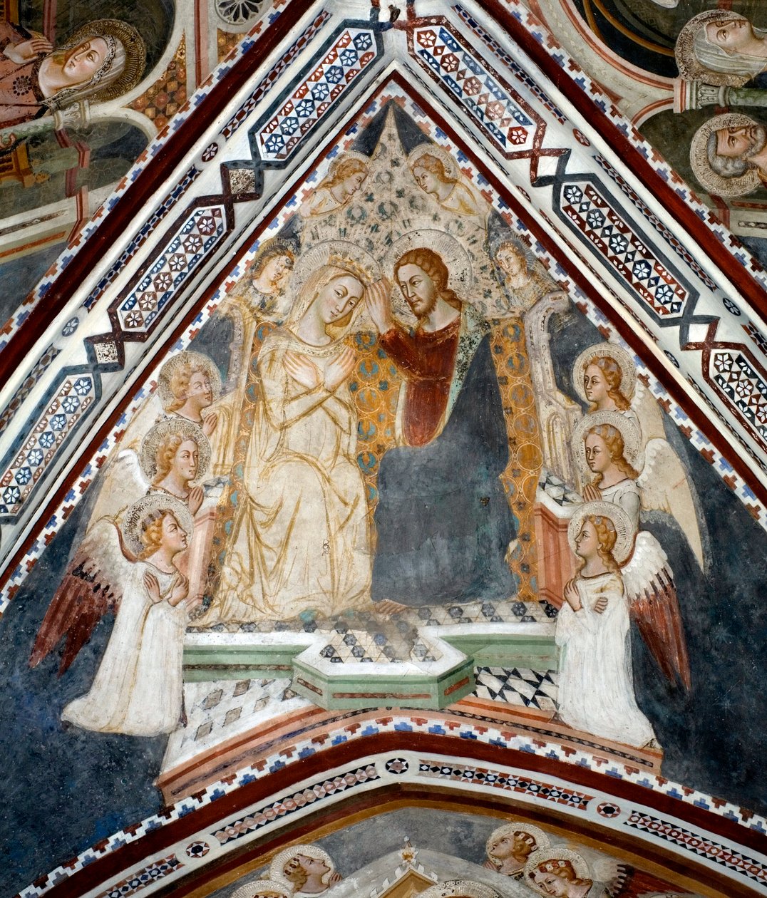 Koronacja Matki Boskiej Fresk Kaplicy Dziewicy dokonana przez szkołę sieneńską z XIV wieku - Klasztor Św. Benedeta (Sacro Speco), Subiaco (Rzym), Włochy autorstwa Sienese School