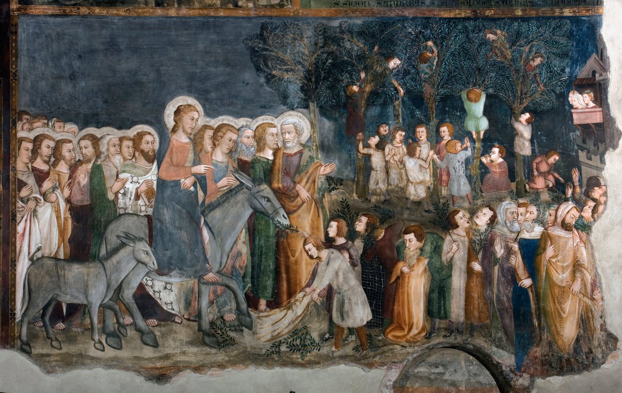 Wejście do jerozolimskiego fresku szkoły w Sienie. 14 wiek. Kościół Superior. Klasztor św. Benedetta autorstwa Sienese School
